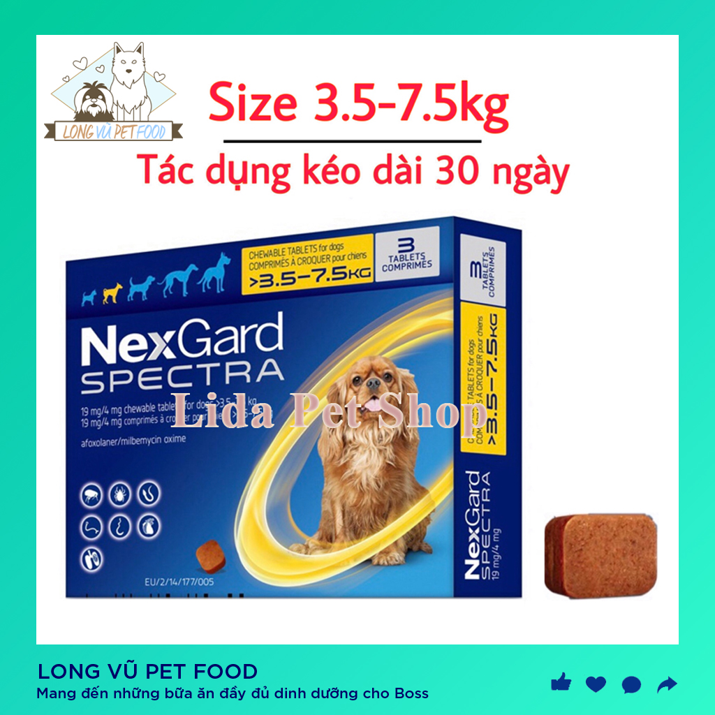 NEXGARD SPECTRA Thuốc trị ve ghẻ bọ chét demodex tẩy giun cho chó - Hộp 3 viên (size 3.5-7.5kg) - Long Vũ Pet Food