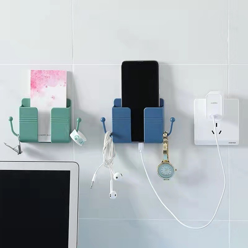 Giá Đỡ Dán Tường Để Sạc Điện Thoại, Remote, Ổ Cắm/ Kệ Đựng Kèm 2 Móc Treo Đồ-HAUSE