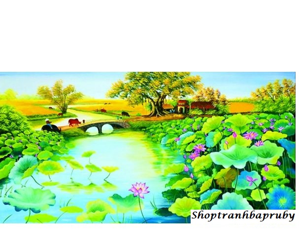 Tranh đính đá phong cảnh đầm sen kích thước nhỏ ✅90×53 cm -️ vs128