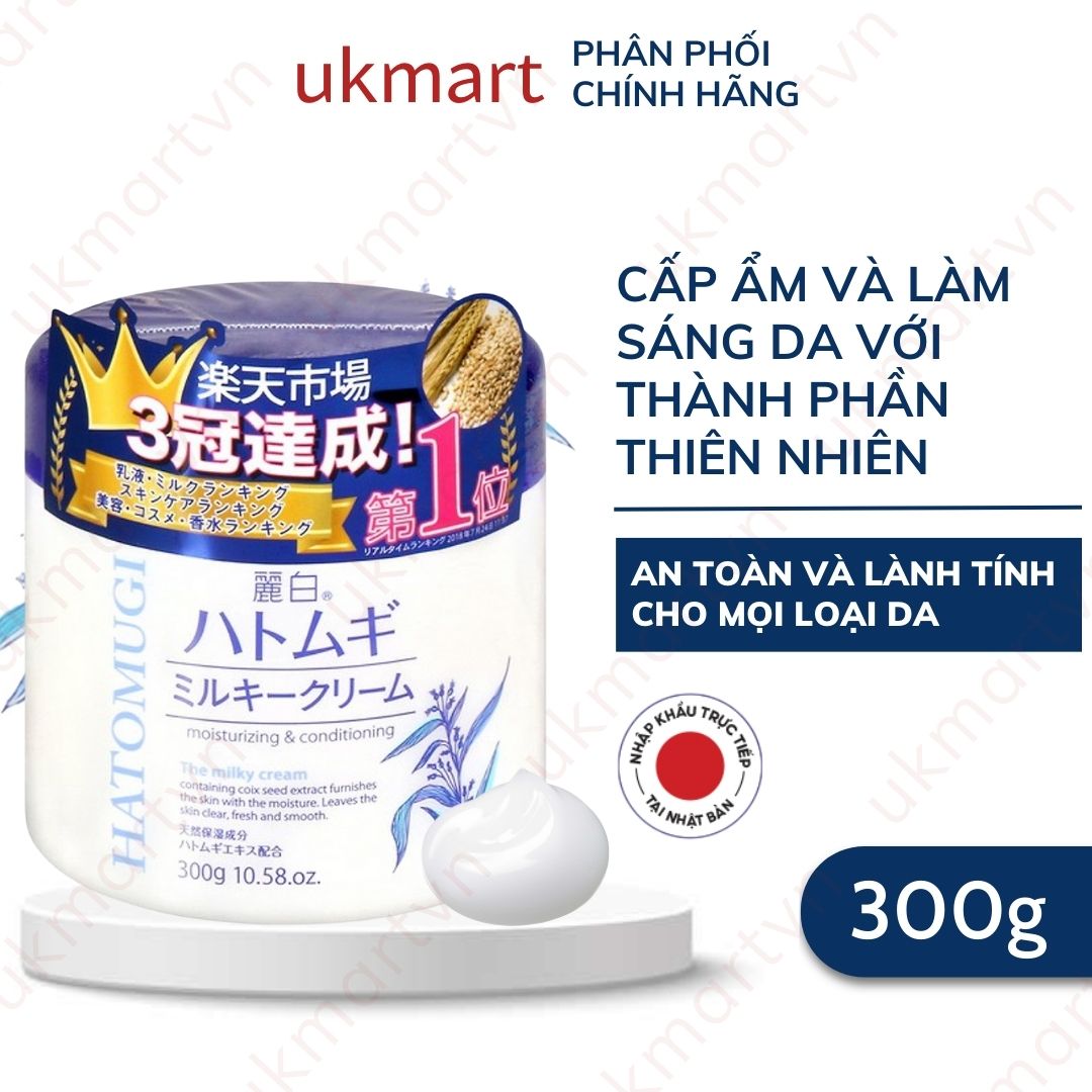 Kem Dưỡng Hatomugi Chiết Xuất Ý Dĩ Làm Sáng Da 300g với thành phần 81% là nước và hạt ý dĩ cải thiện tình trạng khô ráp và mang đến làn da căng mướt mịn màng rạng rỡ hỗ trợ làm dịu làn da kích ứng và