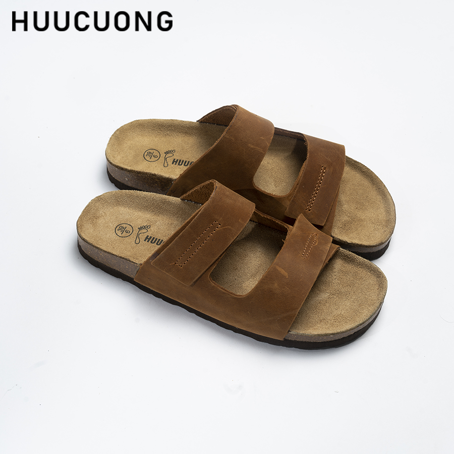 Dép nam dập chỉ da bò nâu đế trấu