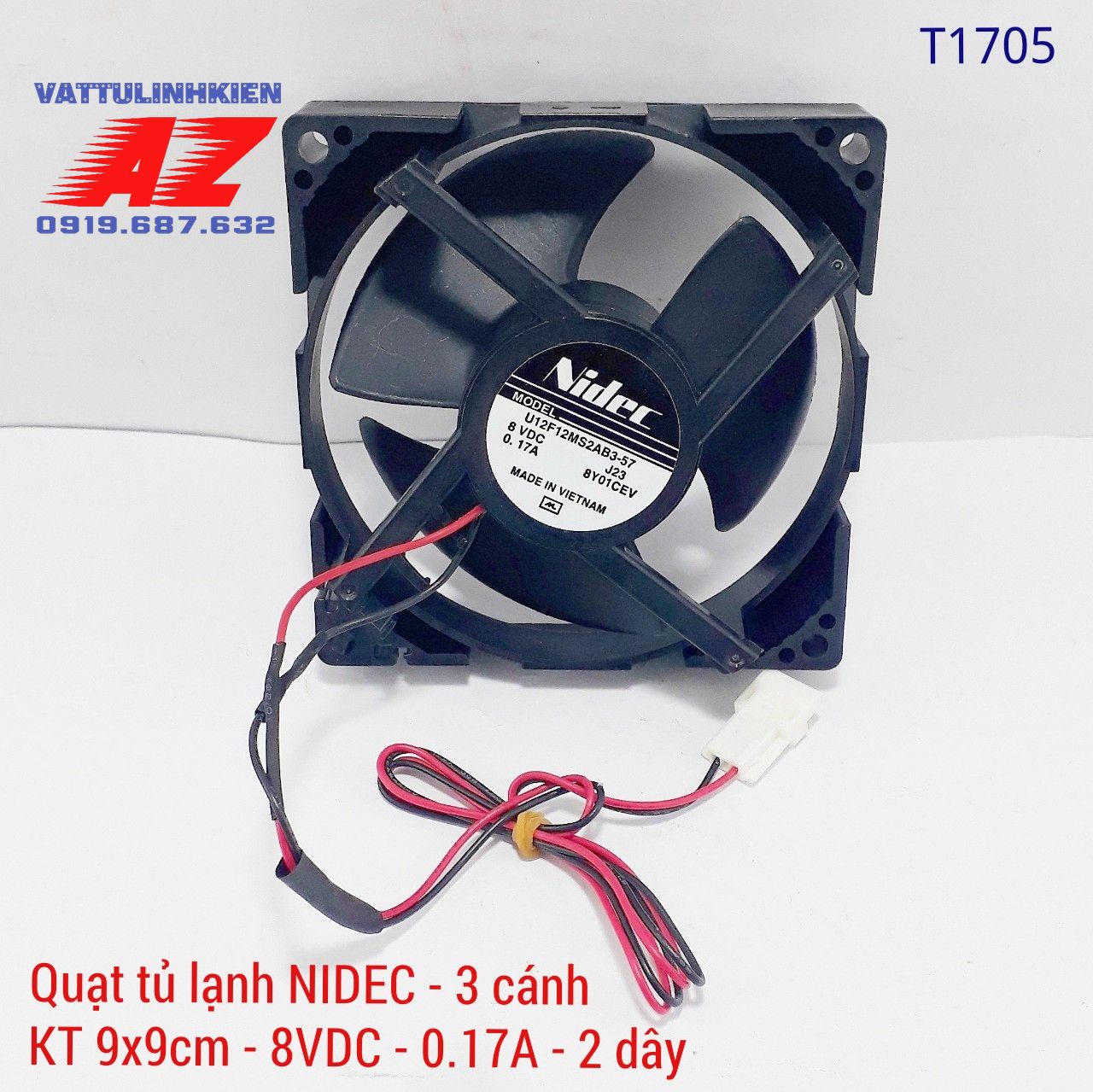 Quạt tủ lạnh 3 cánh kt 9cm x 9cm nidec dc8v-0.17a-2 dây.
