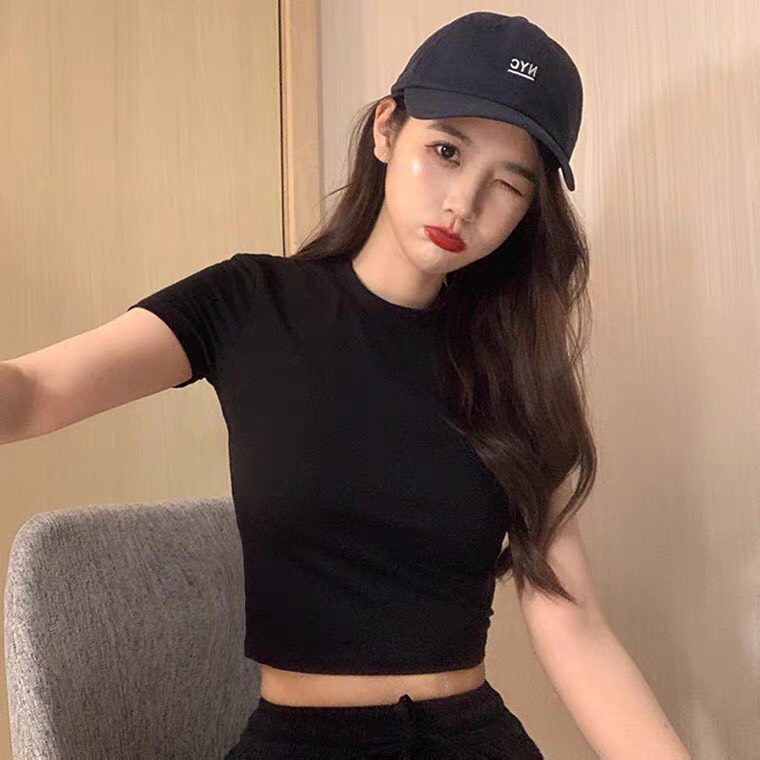 Áo croptop nữ cộc tay hml cổ tròn chất zip 100% cotton, áo thun nữ form rộng năng động, cá tính c2