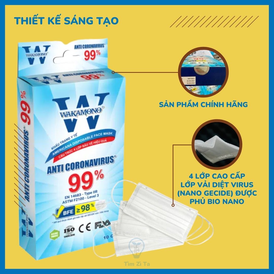 [HCM]Khẩu trang Wakamono diệt Corona 99% (4 lớp  hộp 10 cái)