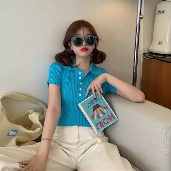 Áo len mỏng cổ bẻ cúc ngực