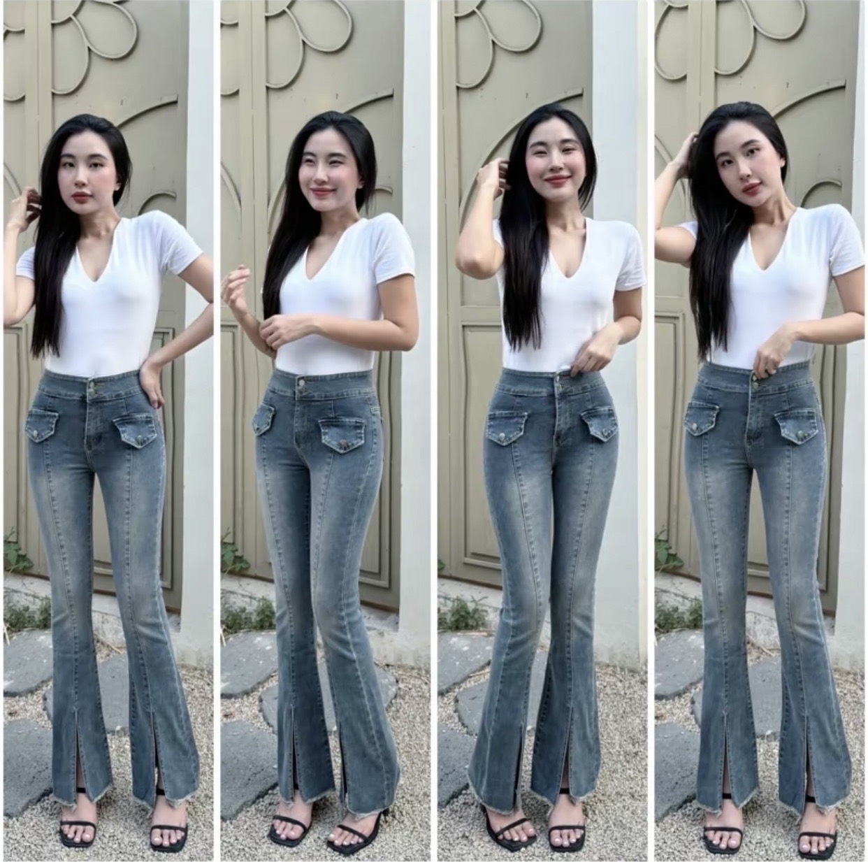 Quần jeans nữ ống loe dài phối túi nắp xẻ ống lai tua
