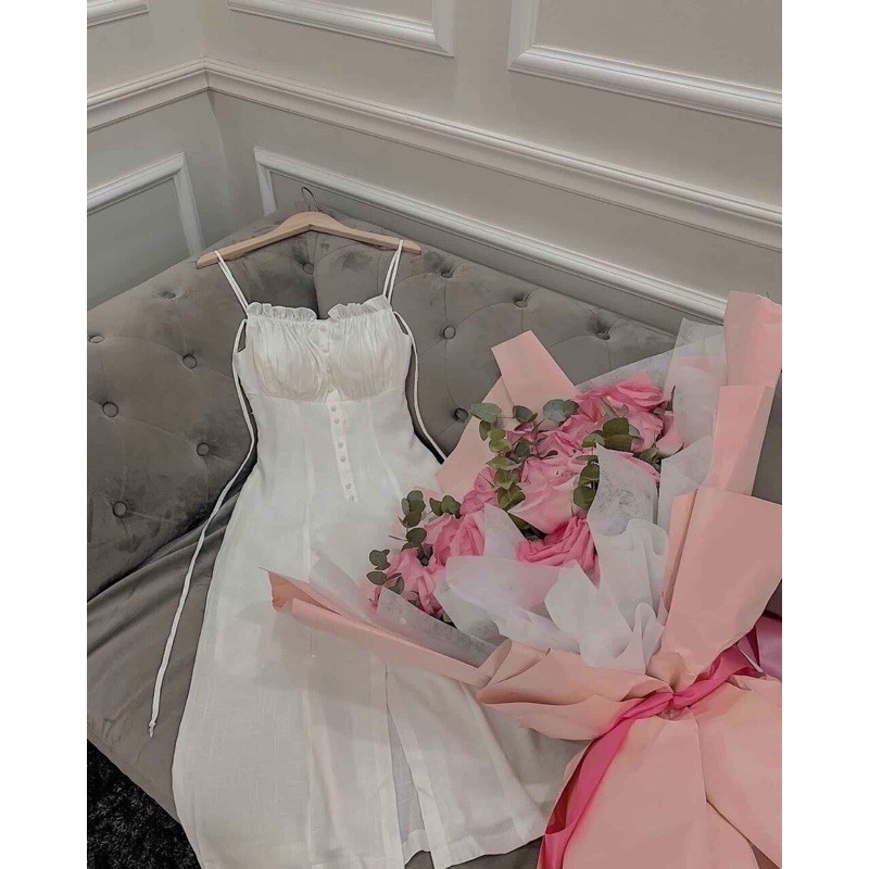 Đầm 2 dây nút bọc 2 màu
