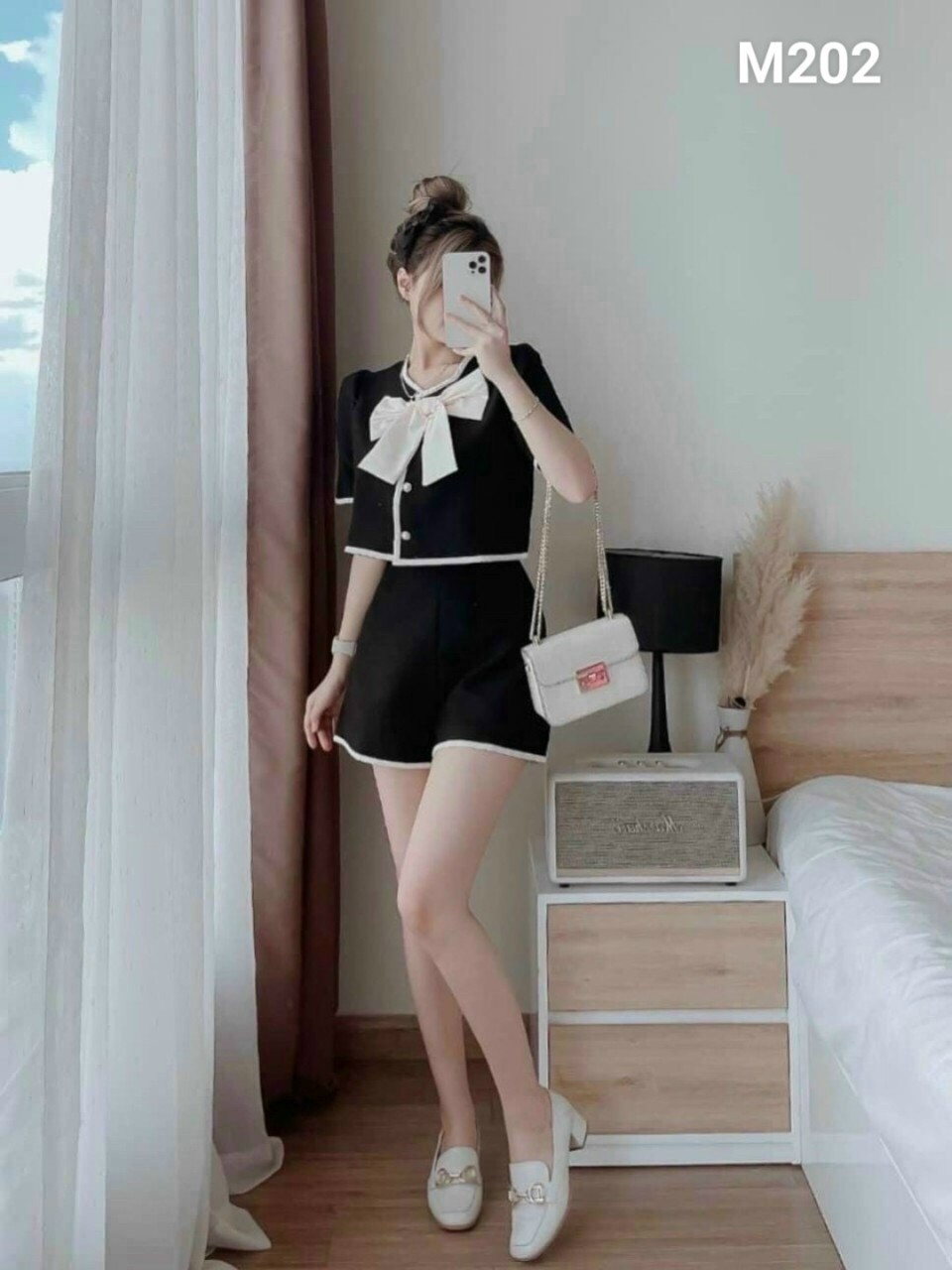 Set áo tay ngắn nơ cổ chạy vuền cổ tròn quần ngắn chạy viền M202