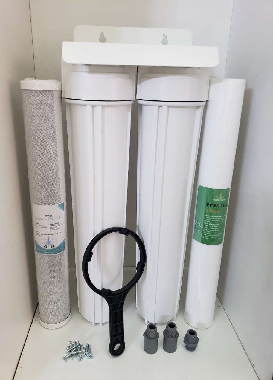 (HCM) Bộ 2 Cốc Lọc Đầu Nguồn Ren 21-(2 Cốc Lọc Ren 21, 2 Lõi Lọc, Giá Treo, Tay Vặn, Nối Ren 21, Vít)