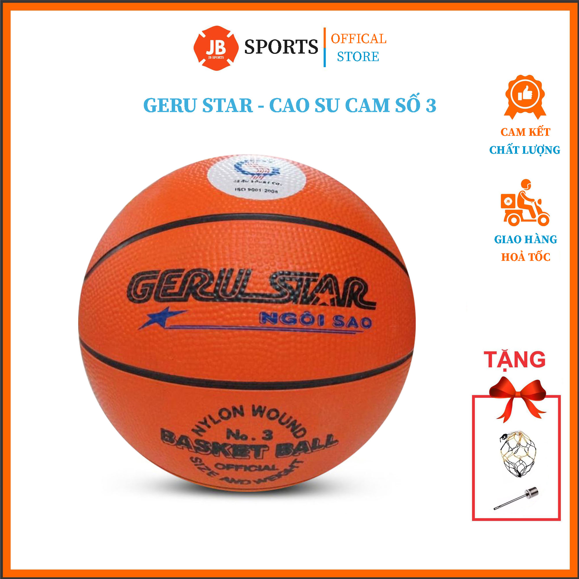 Quả bóng rổ cao su cam geru star số 3, 5, 6, 7 tiêu chuẩn - tặng kèm kim bơm và lưới đựng bóng