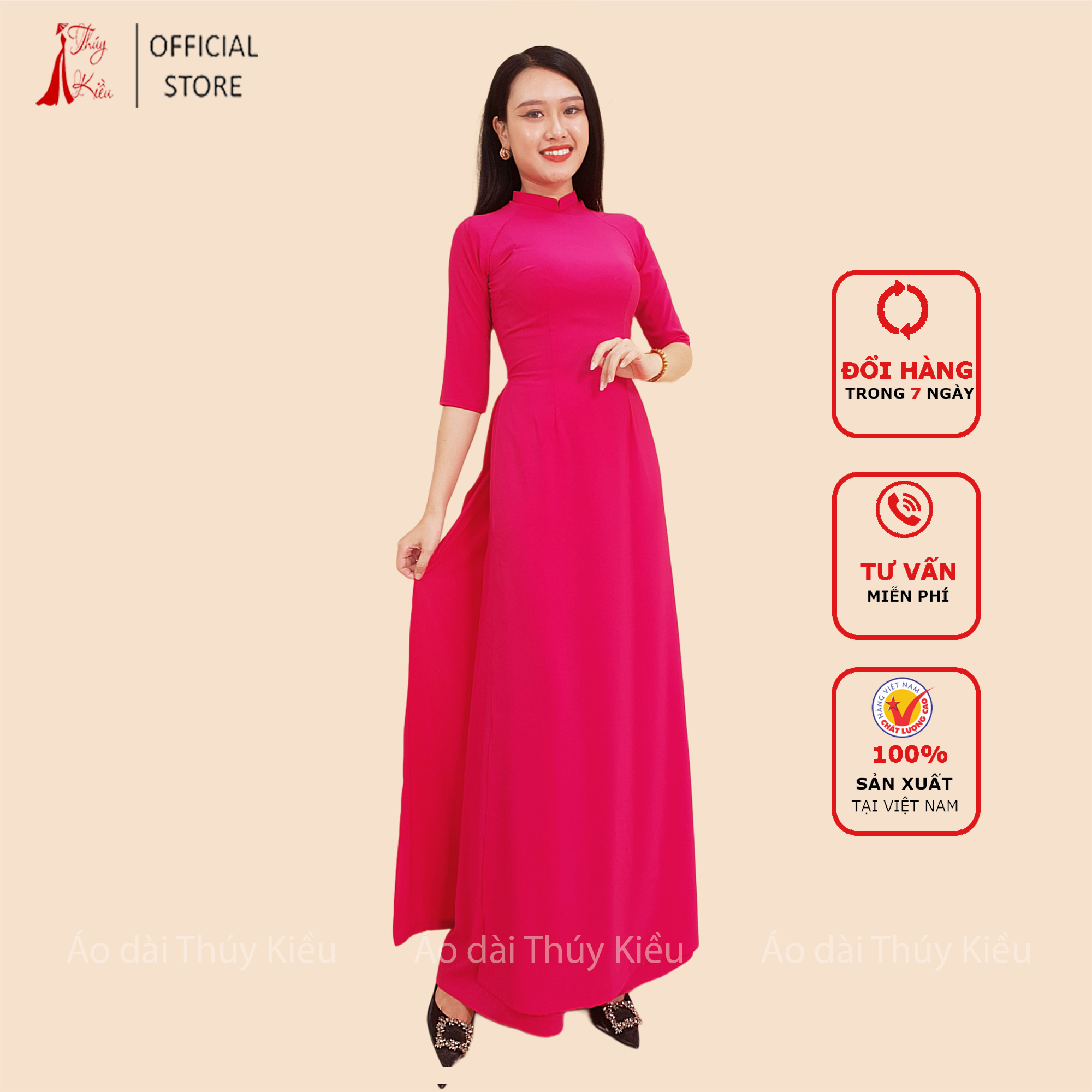 Áo Dài Trơn Lụa Nhật Cổ 2 Phân Màu Hồng Đậm Ak11 - Mixasale