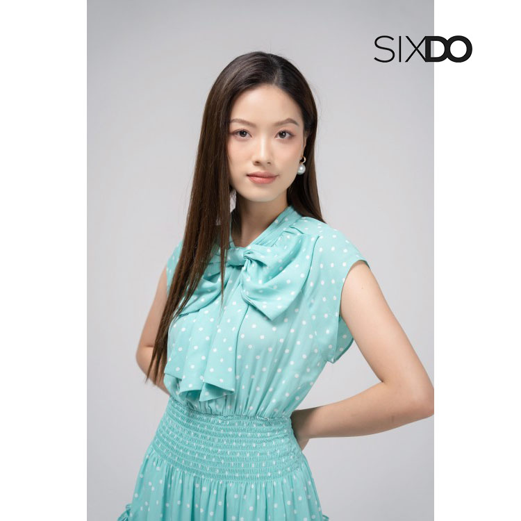 Đầm chiffon xanh eo chun họa tiết chấm bi SIXDO