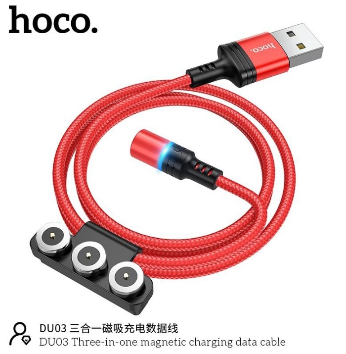Cáp sạc nam châm 2A Hoco DU03 thay đổi 3 đầu Lightning/Type-C/Micro