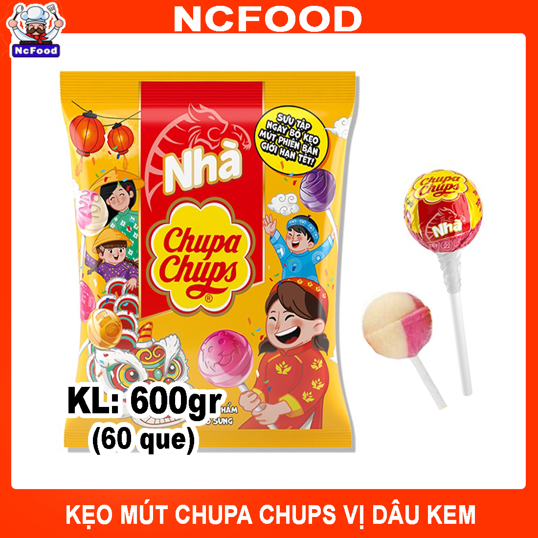 [GÓI 60 Que] Kẹo Mút Chupa Chups Vị Dâu Kem 600g