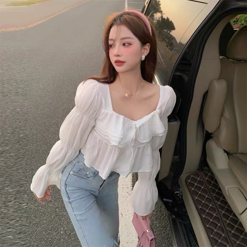 Áo kiểu croptop cổ vuông tay phồng PINKSTORE29 kiểu bánh bèo A5359