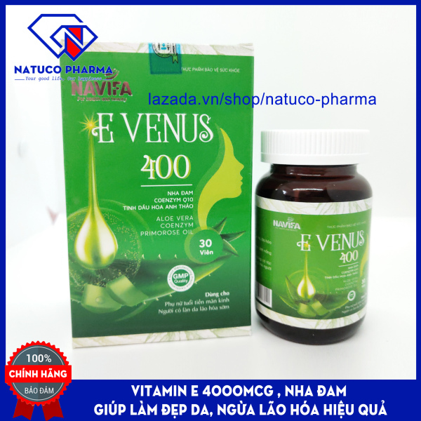 Viên uống Vitamin E - Nha đam - E VENUS 400 - chống lão hóa làm đẹp da, ngừa sạm da, nhăn da hiệu quả - Hộp 30 viên Chuẩn GMP Bộ Y tế nhập khẩu