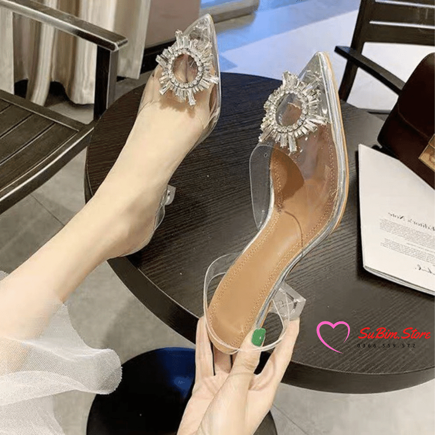 [FreeShip] Giày Sandal Nữ Cao Gót Hoa Đá Trong Suốt Gót 5p Tôn Dáng – SuBim.Store – Gót ly 5p