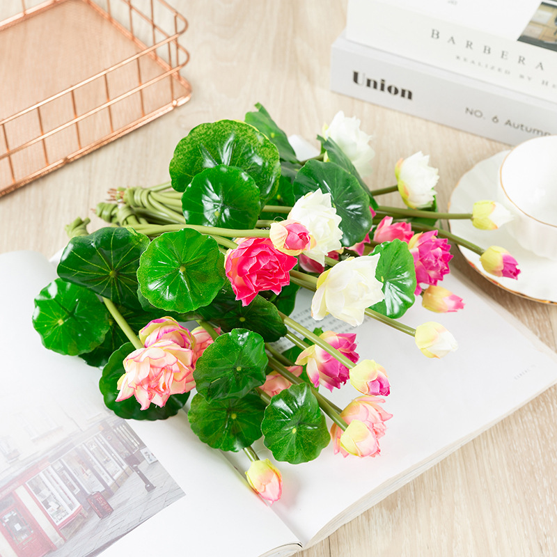 Cành hoa sen mini VI014 ( 2 bông 1 nụ 4 lá, cao 25cm), hoa giả trang trí
