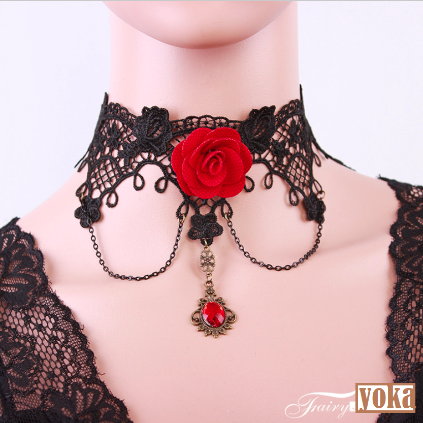 [HCM]Vòng cổ choker ren đen bông hồng đỏ phá cách