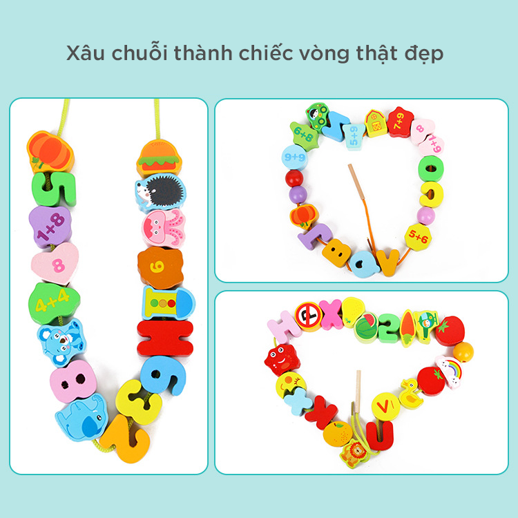 [106 chi tiết] Đồ chơi xâu hạt gỗ - String wooden beads 106pcs