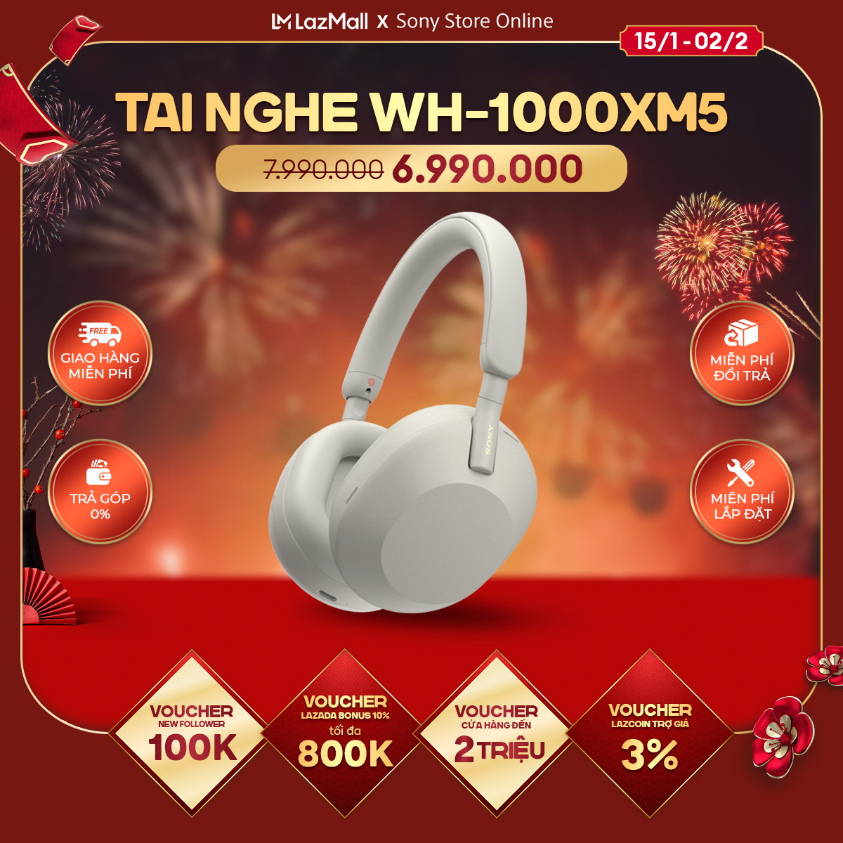 Tai nghe Sony không dây có công nghệ chống ồn WH-1000XM5