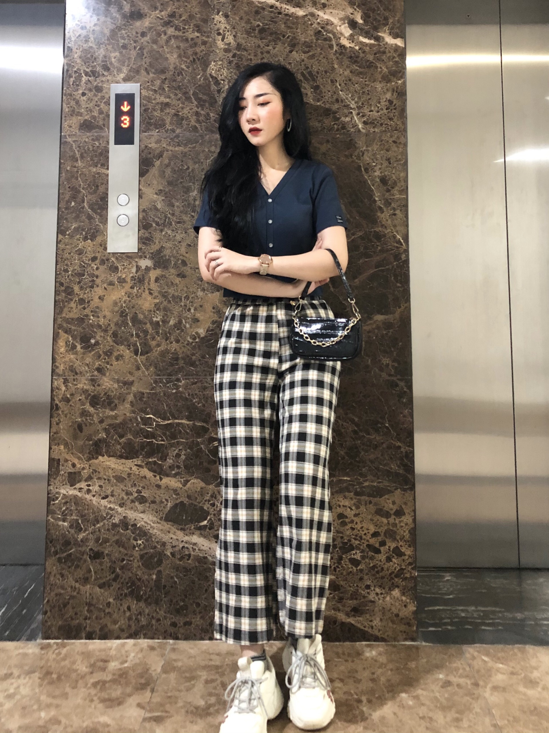 Quần caro ống rộng cạp chun Madela