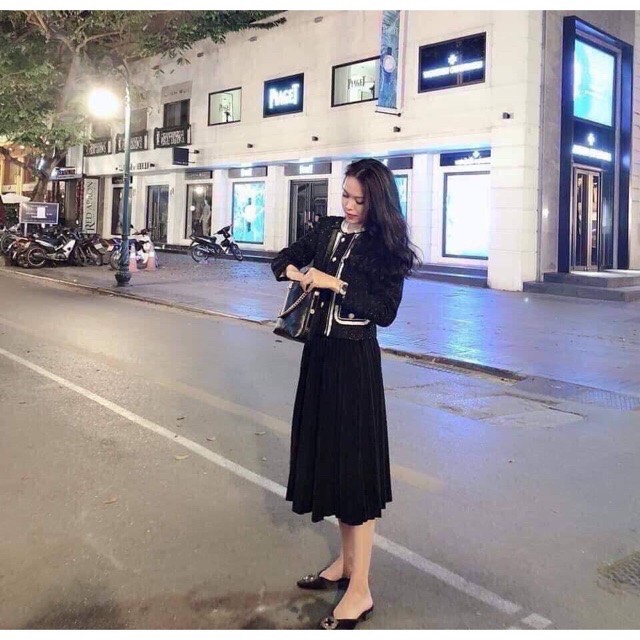 (ảnh thật) Chân váy lụa xếp ly dáng dài lưng chun co giãn
