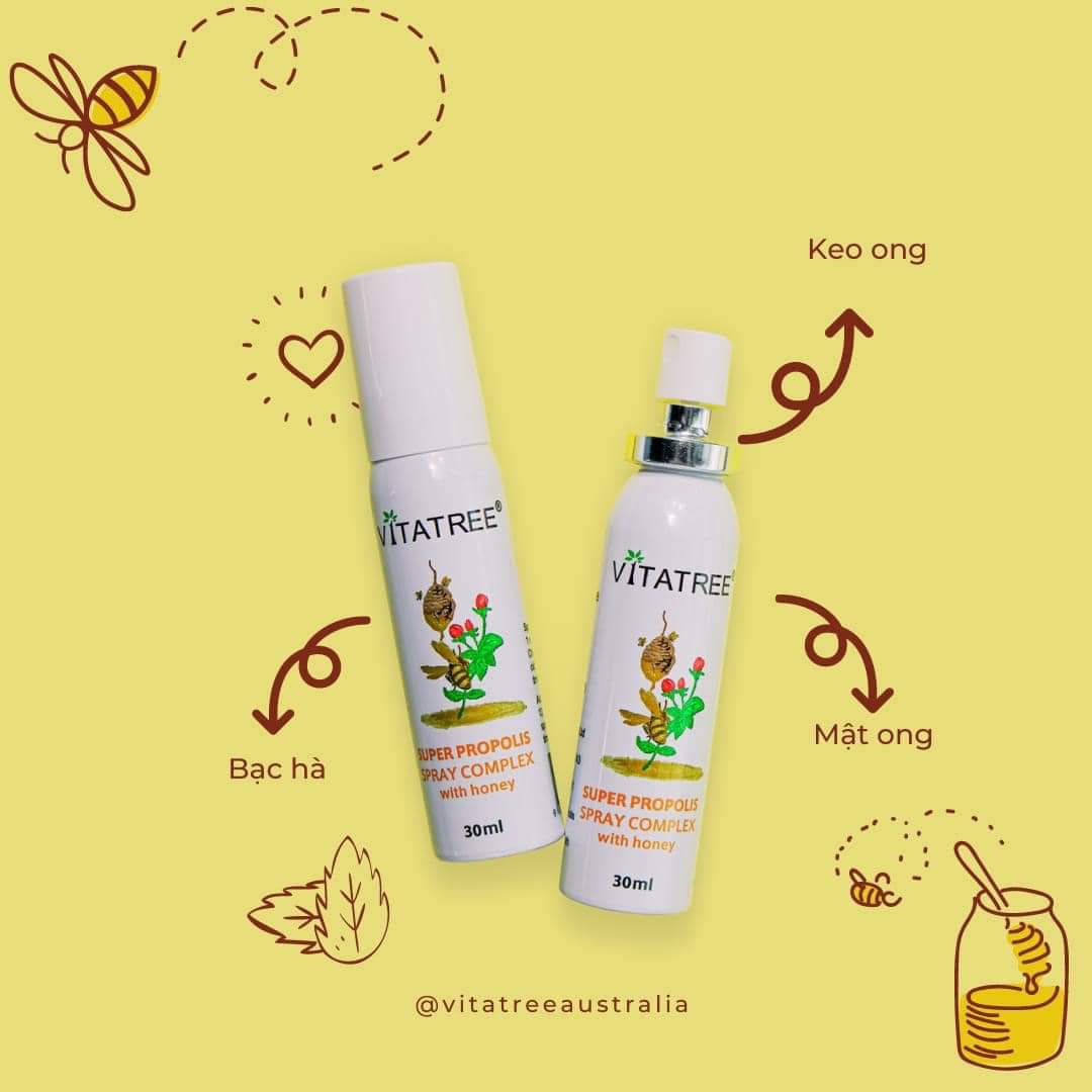 Lọ xịt keo ong vitatree super propolis spray complex with honey dùng cho trẻ từ 2t+