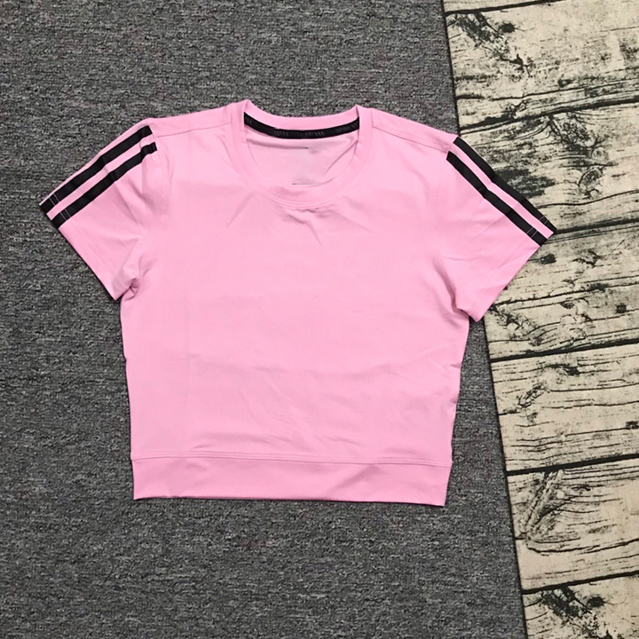 Áo croptop thể thao tay ngắn chất vải thun 4 chiều có in 3 sọc tay phù hợp tập gym yoga