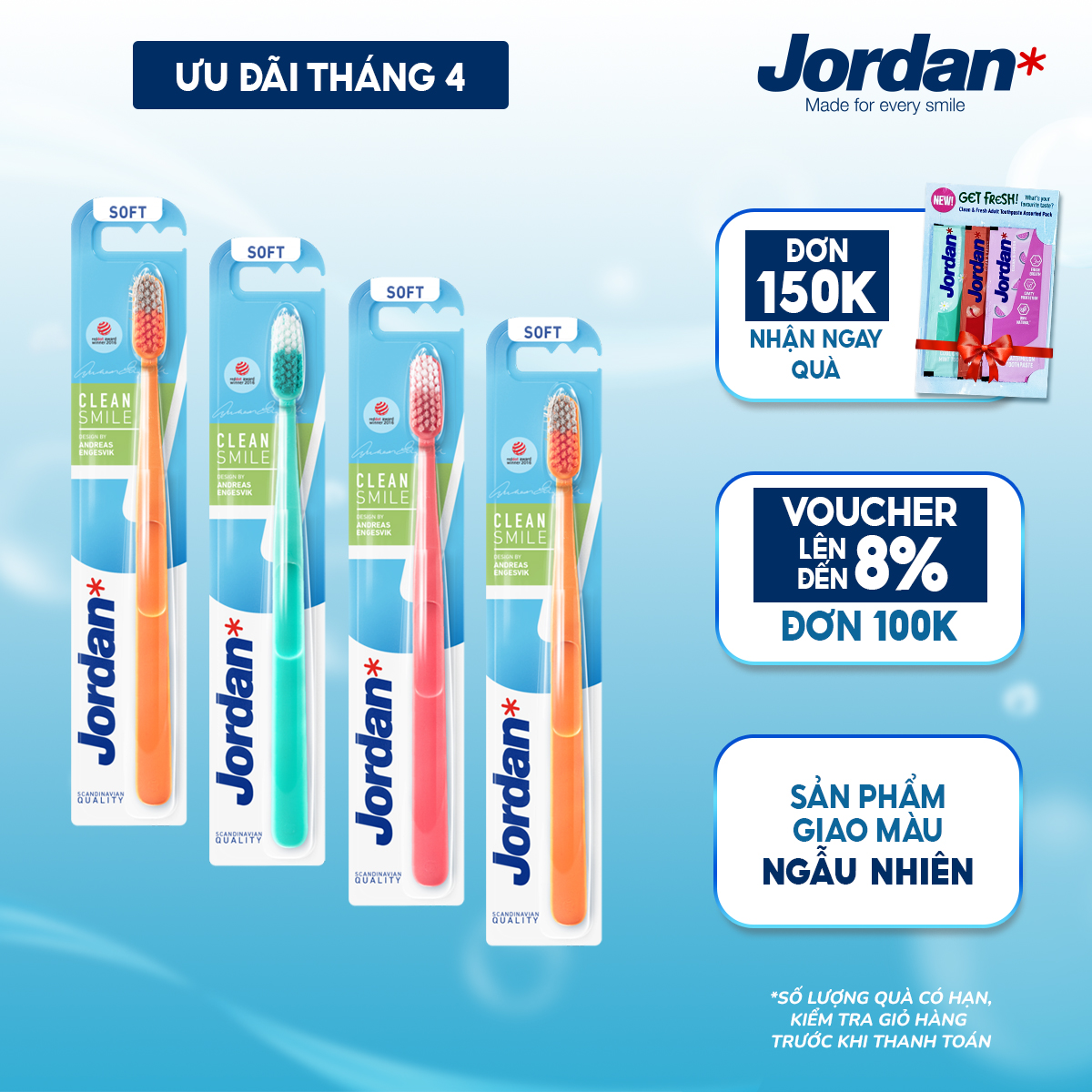Bộ 4 Bàn chải đánh răng Jordan Clean Smile lông siêu mềm bảo vệ nướu nhạy cảm, xuất xứ Na Uy