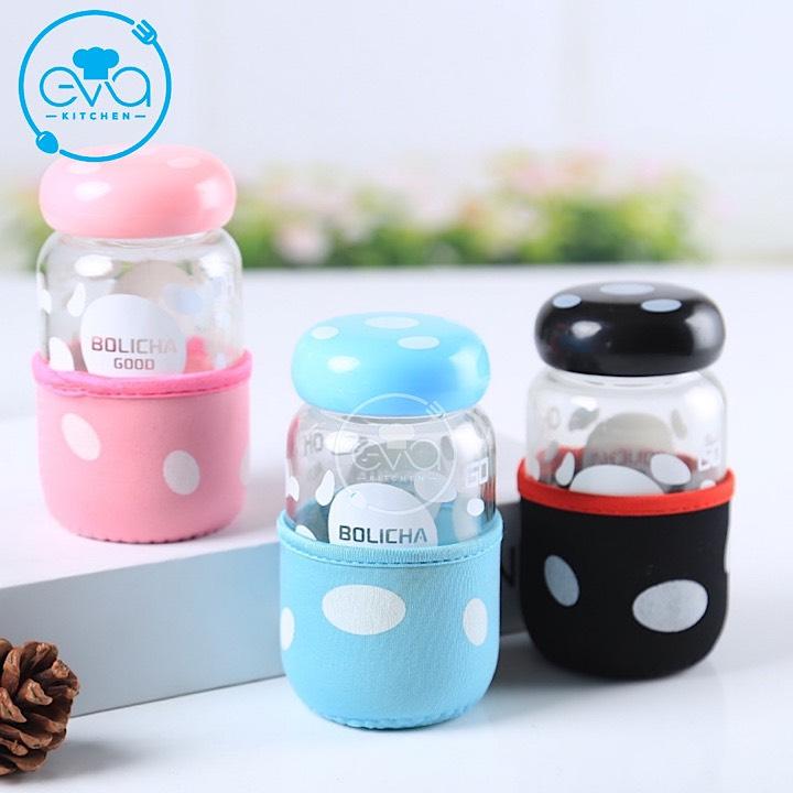 Bình Nước Thủy Tinh Có Lưới Lọc Hình Nấm Có Vỏ Bọc Giữ Nhiệt Chống 300 Ml