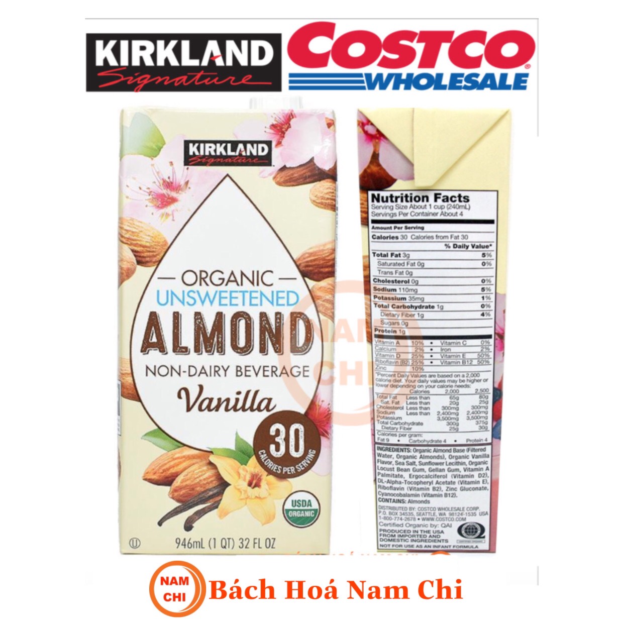 [TÁCH LẺ 1 HỘP] Sữa Hạnh Nhân Kirkland Organic Unsweetened Almond 946ml - Chính Hãng Mỹ