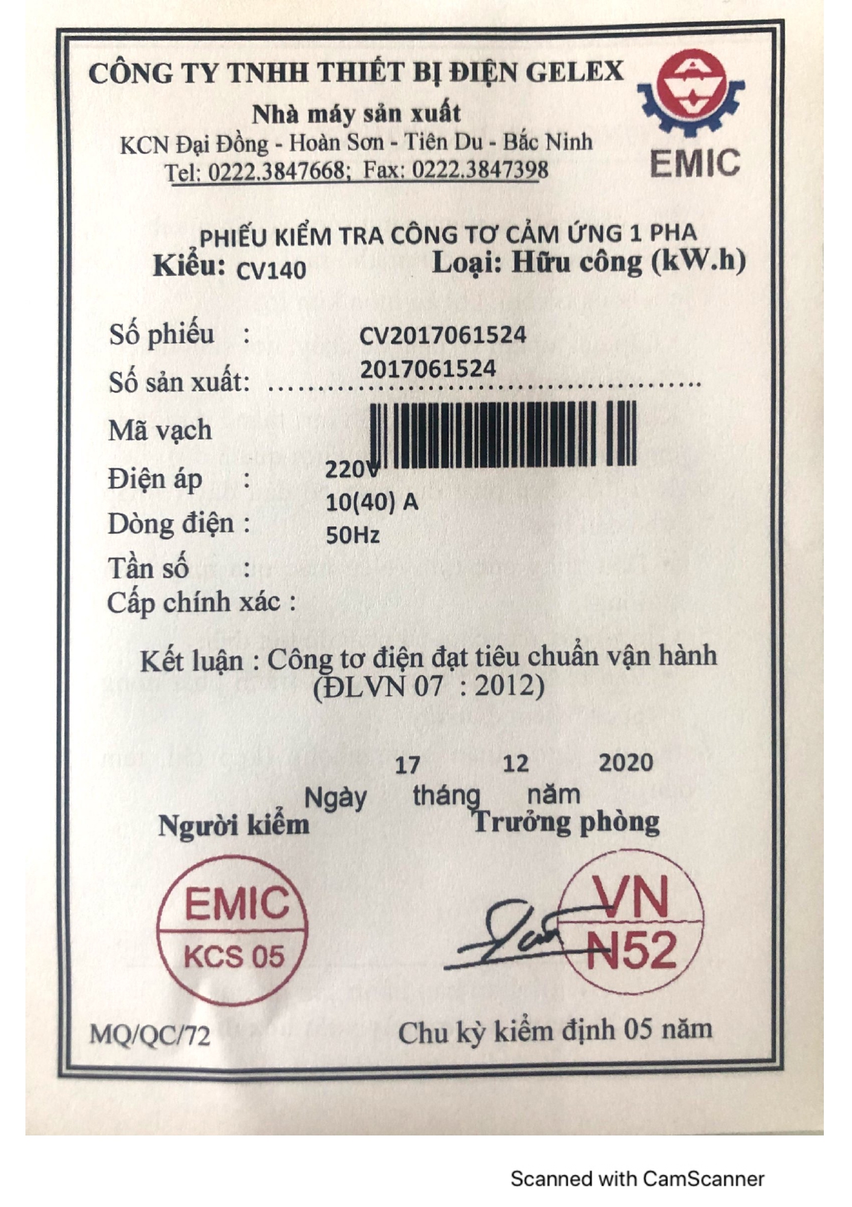 Công tơ điện EMIC 1 pha 2 dây 10(40)A ( có giấy kiểm định của điện lực Miền Bắc )