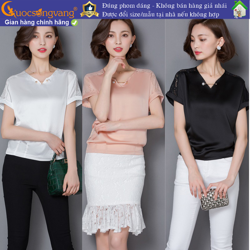 Áo lụa nữ gấu thun cổ v ngắn tay phối ren Queenbe GLA113