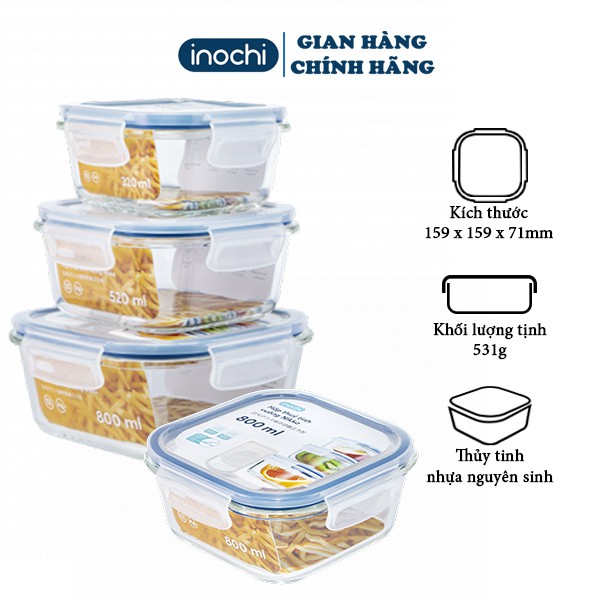 Hộp Thuỷ Tinh - hộp Đựng Thực Phẩm - Nikko INOCHI - hộp thủy tinh Vuông 520ml - hộp Đựng Đồ Ăn, hộp thủy tinh chịu nhiệt - hộp đựng Thức Ăn - hộp thủy tinh chịu nhiệt Trong Ngăn Đá Tủ Lạnh, Bảo Quản Thực Phẩm Tươi