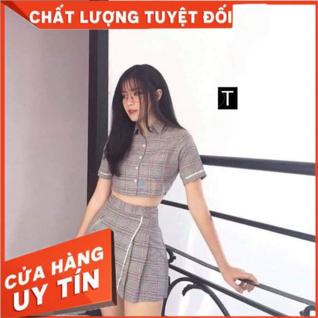 [Mã FASHIONGREEN264 giảm 10% đơn 99k] Sét váy áo kẻ croptop Tr&Đ