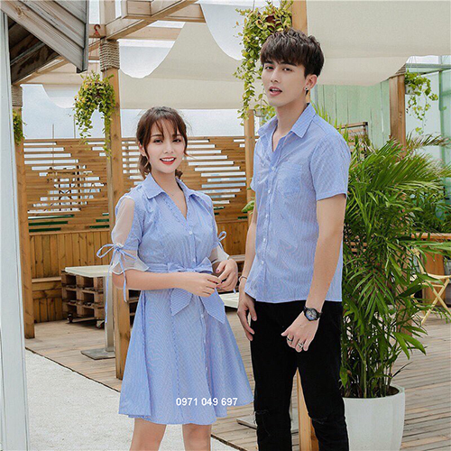 Đầm đôi sọc xanh trắng tay voan lưới (giá gồm váy nữ + somi nam)