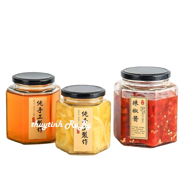 Hũ Lọ Thủy Tinh Đựng Thực Phẩm Lục giác 750ml, Hủ Đựng mật ong, Lọ Gia vị, Lọ thủy tinh đựng bột nghệ, lo dung thuc pham kho