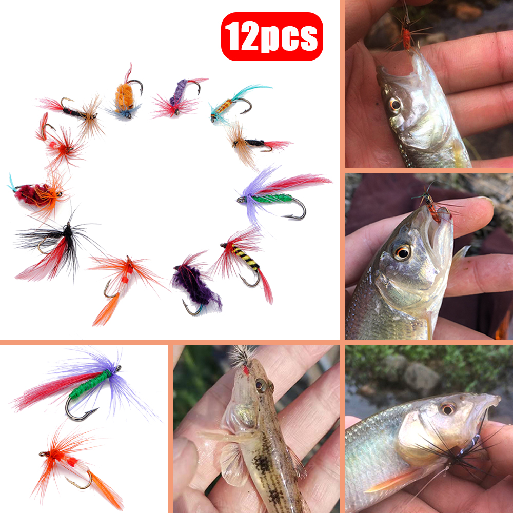 12 cái Mồi Câu cá Giả Bộ Phong Cách Loài Côn Trùng Mồi Giả Lông Vũ Móc Đơn- quốc tế
