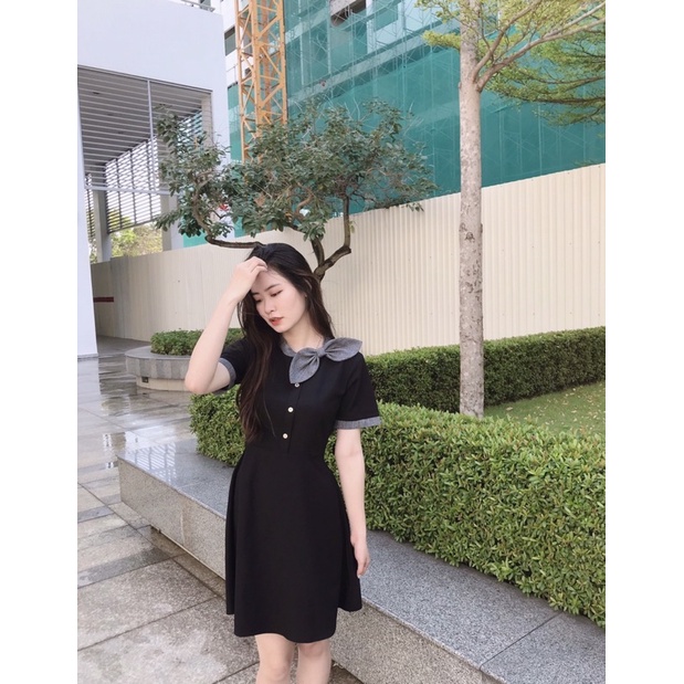 [3-5/8 Hoàn Tiền 25%]Đầm nơ cổ phối màu
