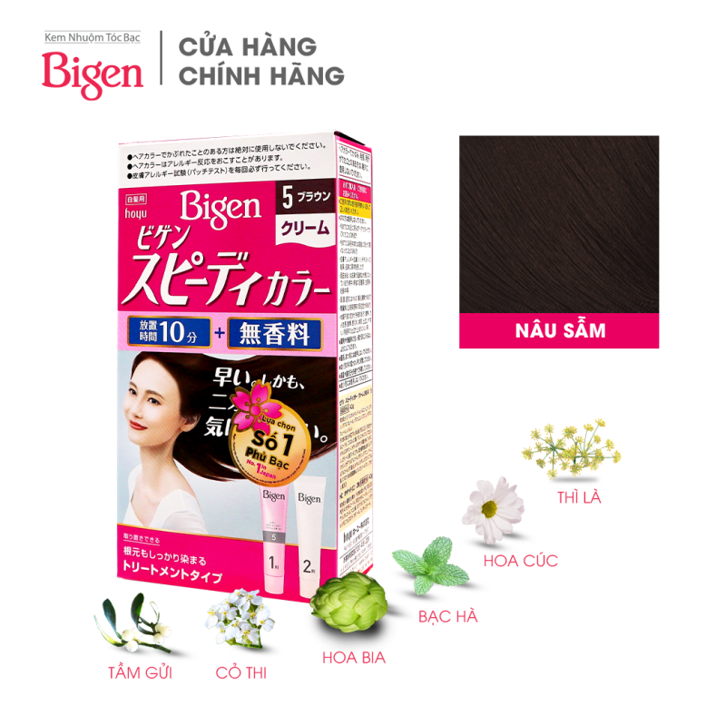Thuốc nhuộm dưỡng tóc phủ bạc thảo dược Bigen Nhật Nhập Khẩu 100% Nhật Bản Speedy Color Cream 80ml dạng kem - Nâu Sẫm 5 nhập khẩu