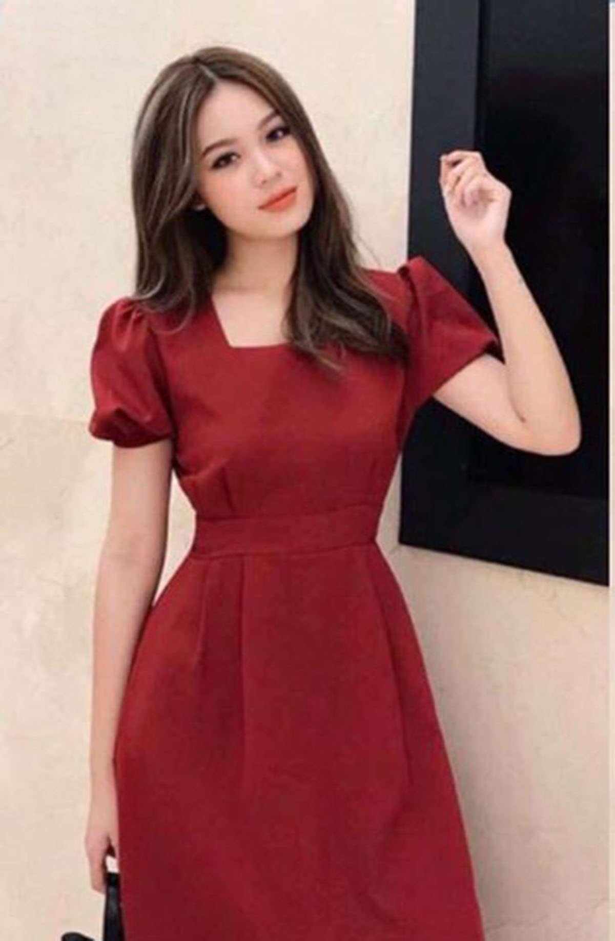 [HCM]Đầm cổ vuông tay phồng thắt nơ eo