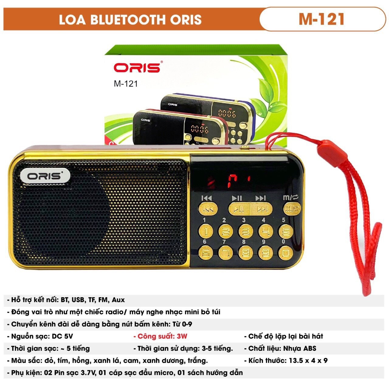 Loa radio tích hợp nghe nhạc oris m-121 có hỗ trợ bluetooth, fm, usb, aux, tf