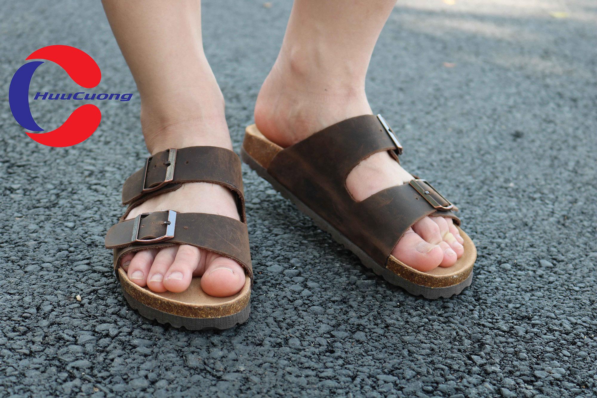 Dép sandal 2 khóa da bò nam nữ đế trấu
