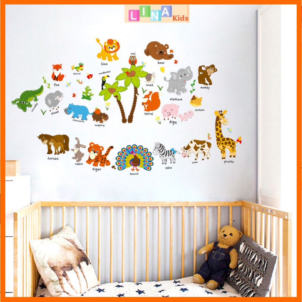 Decal dán tường vườn thú tiếng Anh (mẫu cây cọ to) - LINA Kids