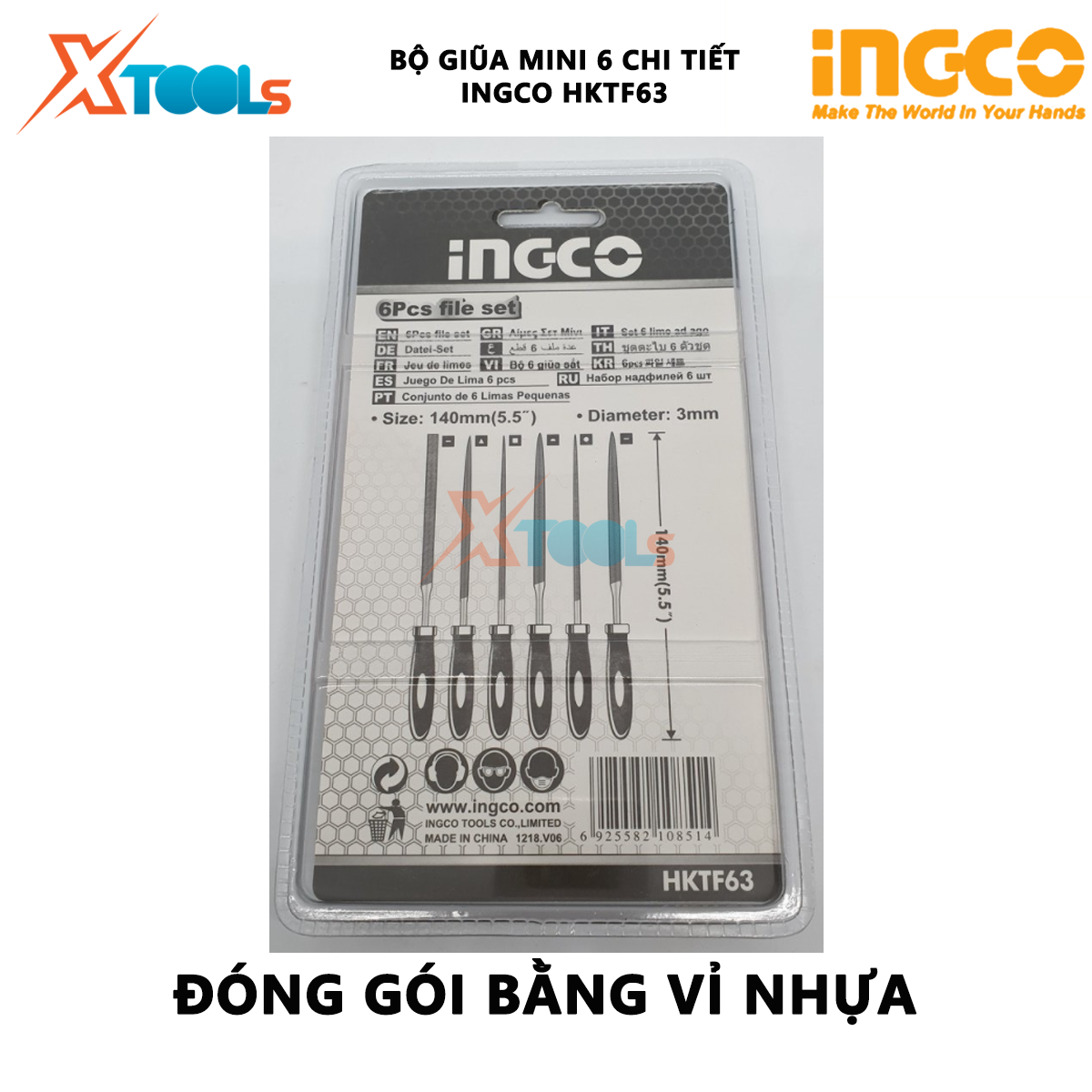 Bộ giũa mini 6 chi tiết INGCO HKTF63 | Bộ 6 giũa sắt Kích thước 4"(140mm) đường kinh 3mm chất liệu cao cấp XTOOLs