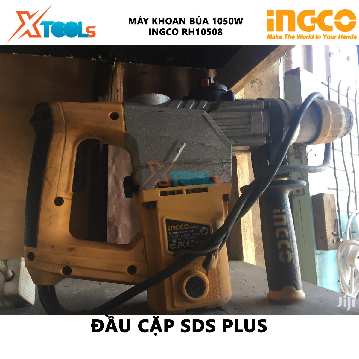Máy khoan cầm tay 3 chức năng 1050w Ingco RH10508 đầu khoan gài sds, lực đập 5jkèm 3 mũi khoan gài, 2 mũi đục Máy khoan đục bê tông