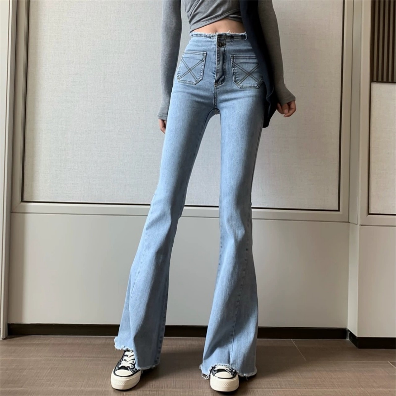 QUẦN JEANS ỐNG LOE LƯNG CAO XANH CÁ TÍNH