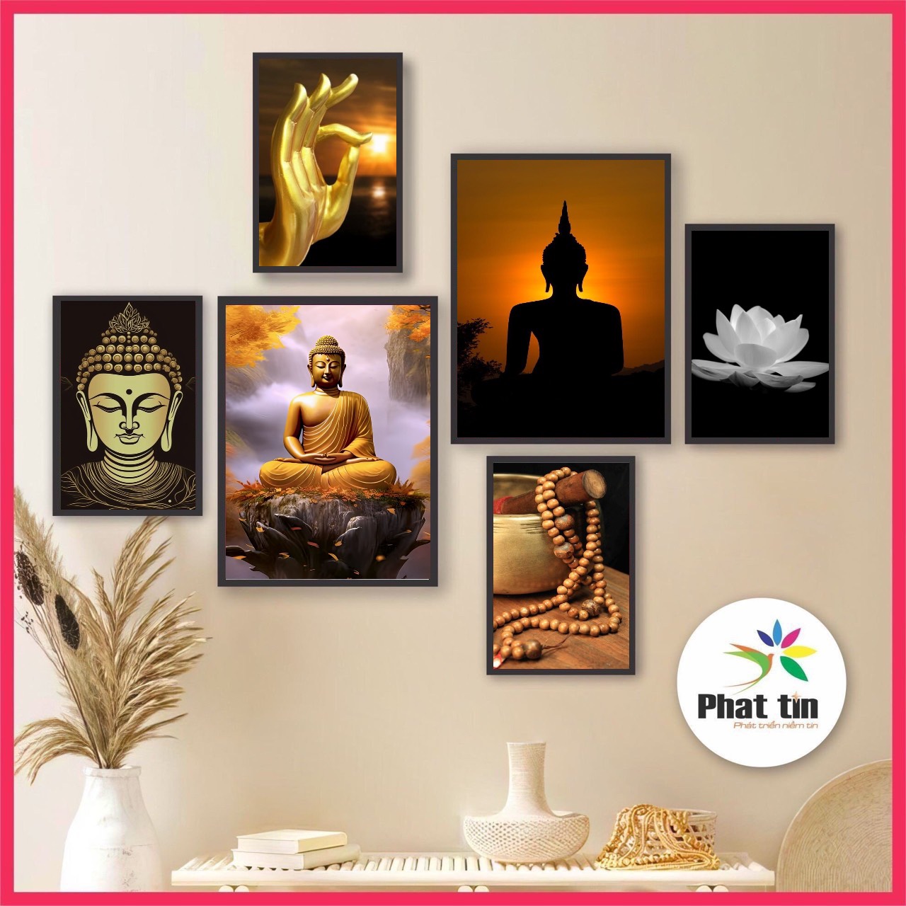 Tranh phật decor dán tường trang trí phòng khách, bộ 6 tấm tranh siêu nét, decor giá rẻ