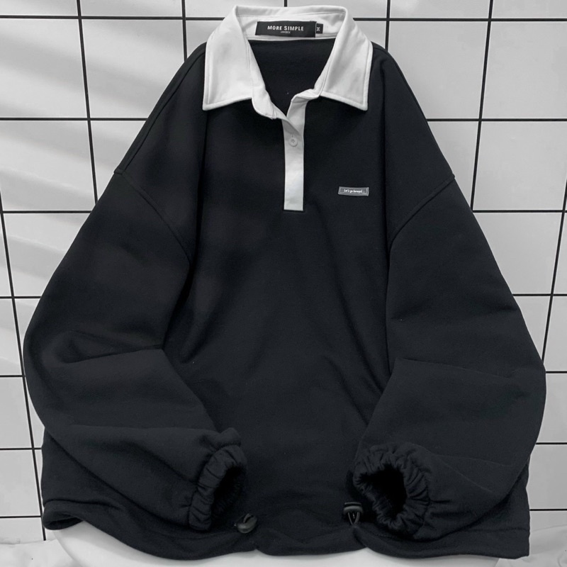 Áo sweater polo mozii màu hồng/nâu/đen phối cổ trắng form rộng ulzzang unisex 🖤 nam nữ unisex 🖤 áo sweater có cổ